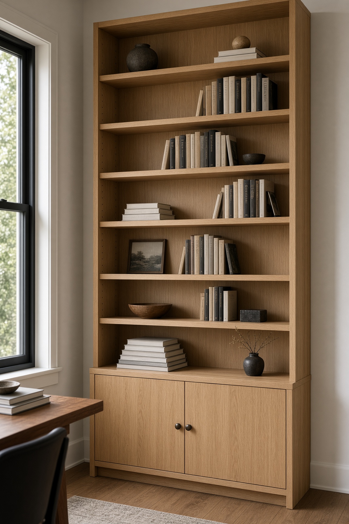 Floor to ceiling white oak built-in bookcase