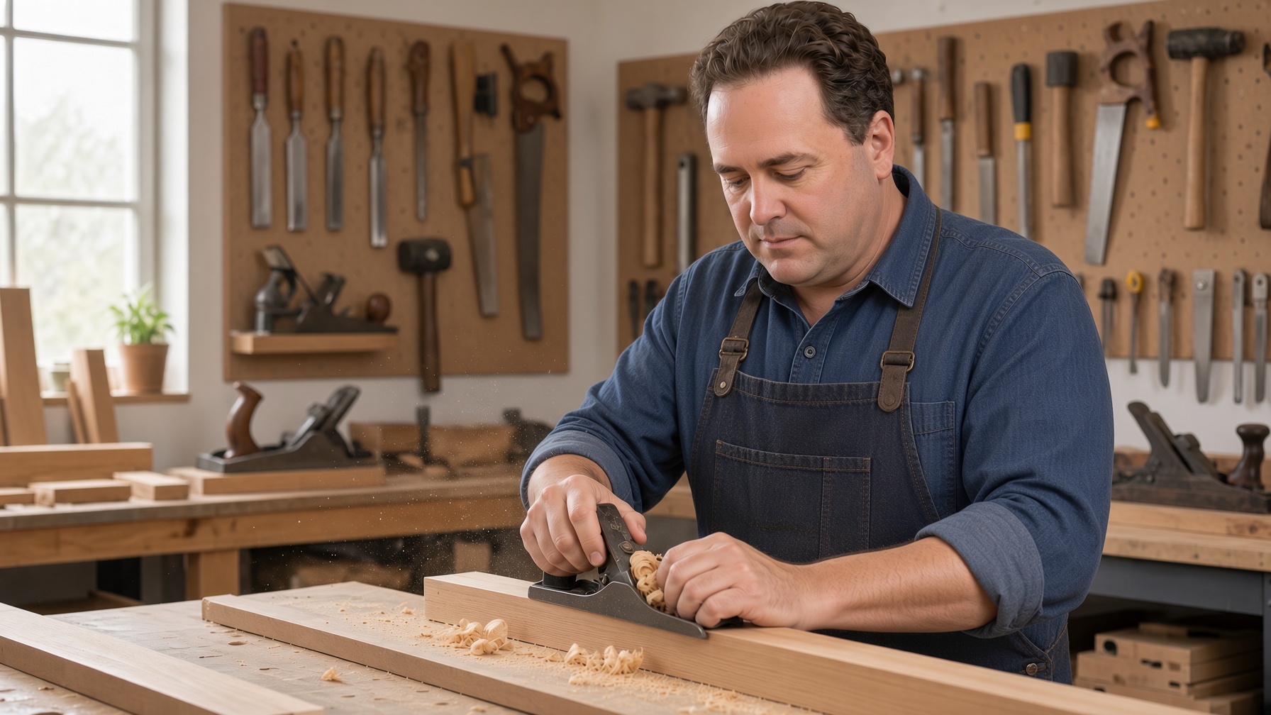 Chris Gannon planing a white oak board at the bench