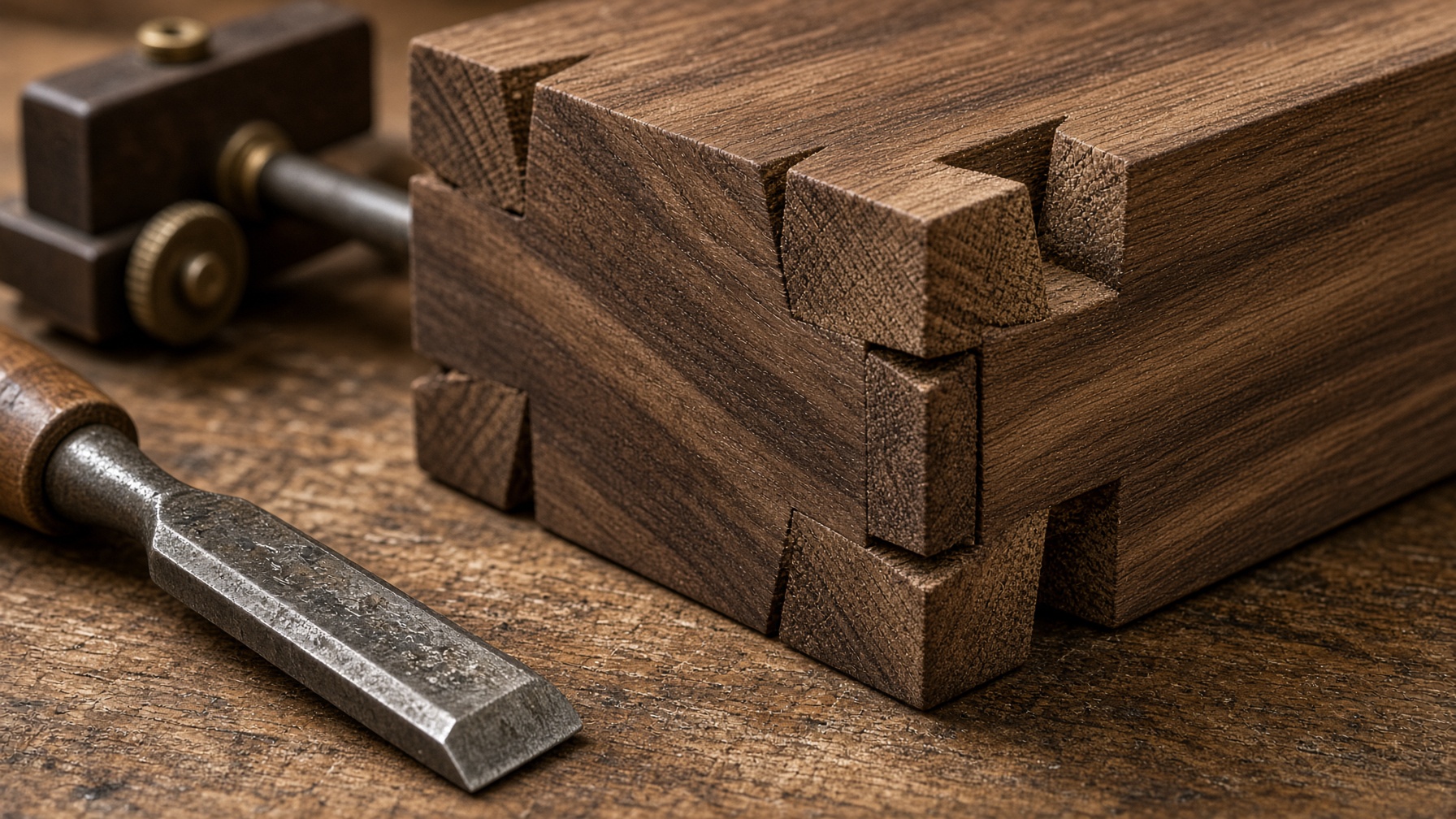 Hand-cut dovetail joinery in walnut