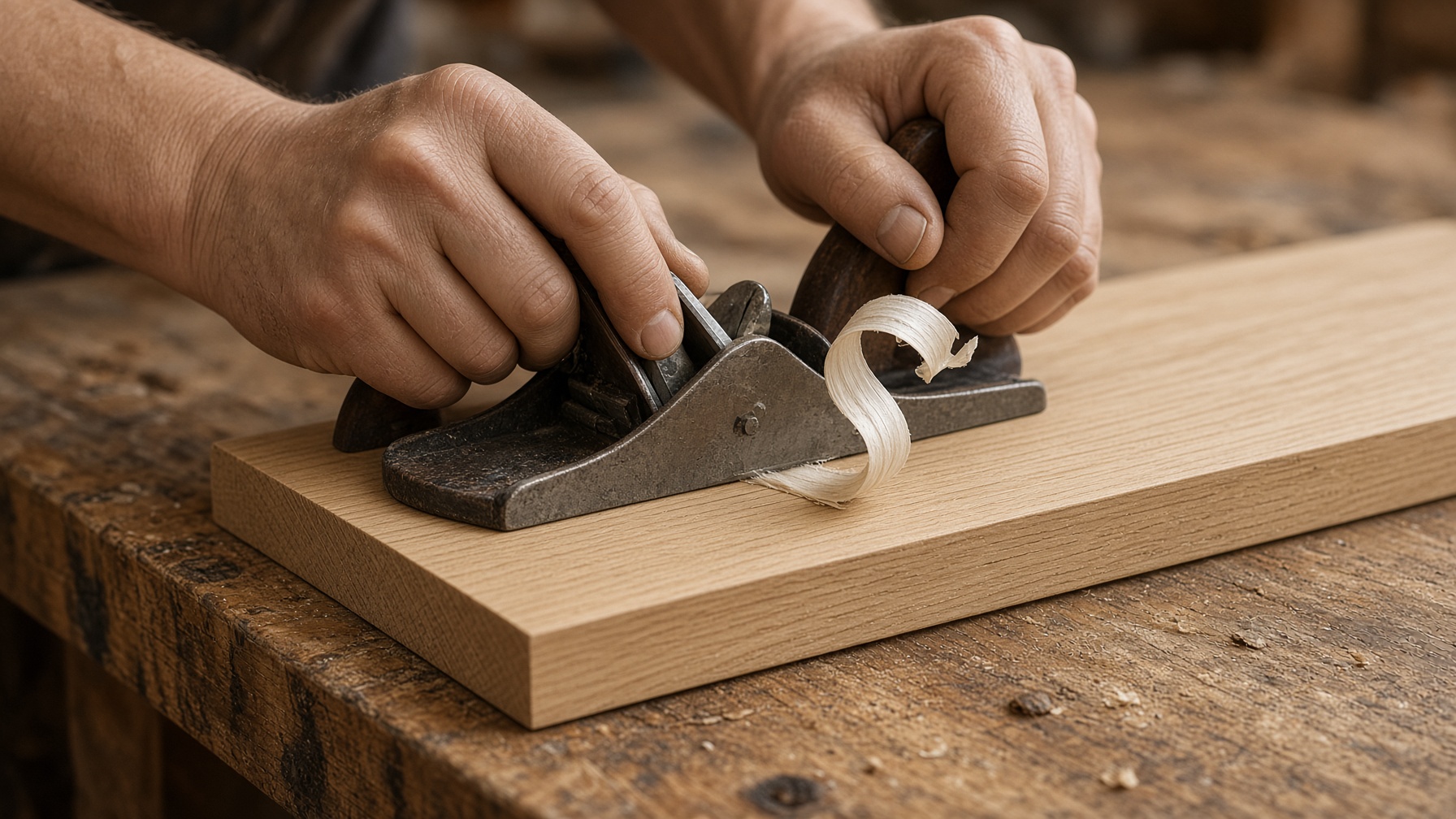 Hand plane taking a shaving off white oak